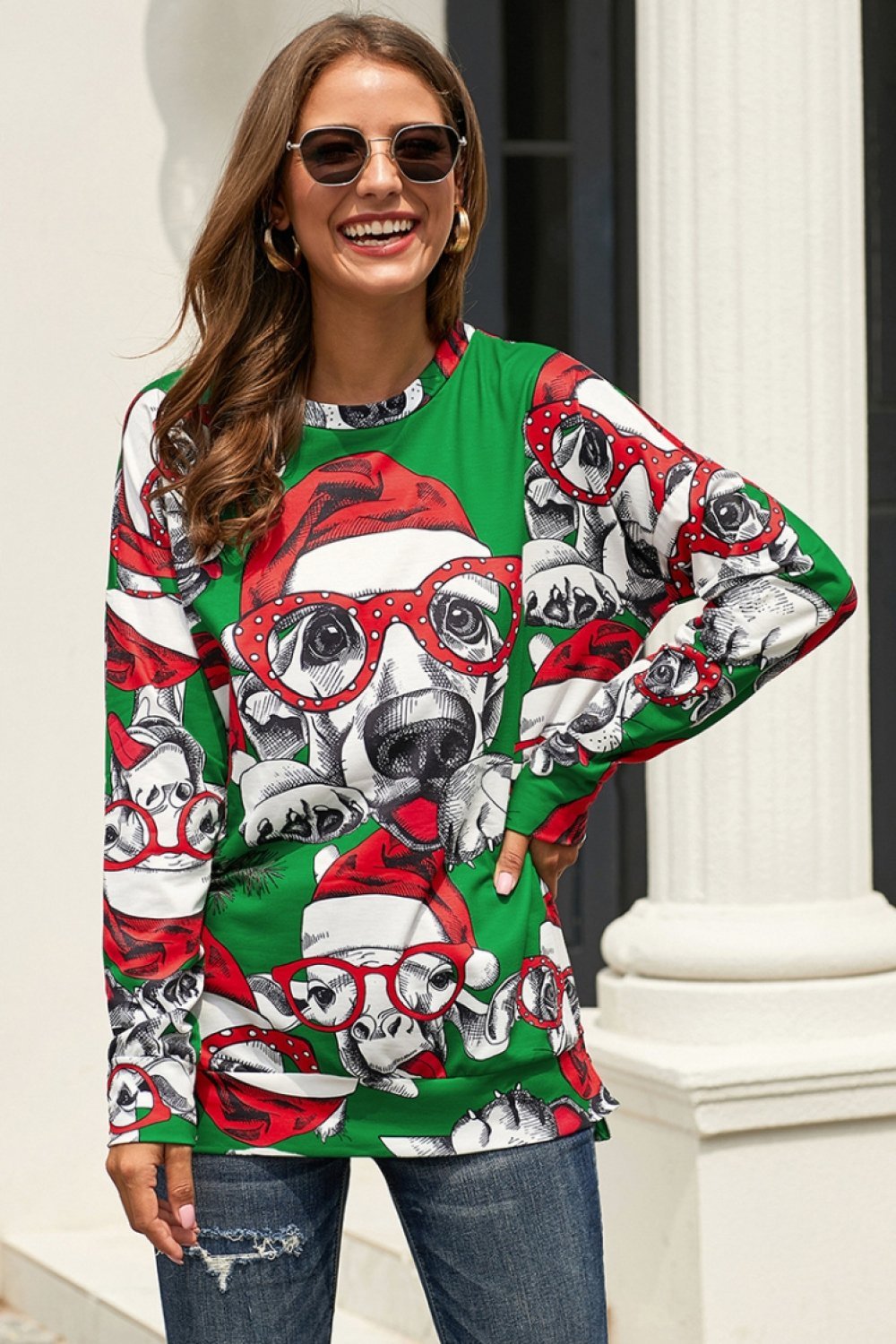 Christmas Printed Round Neck Sweater - Pavacat