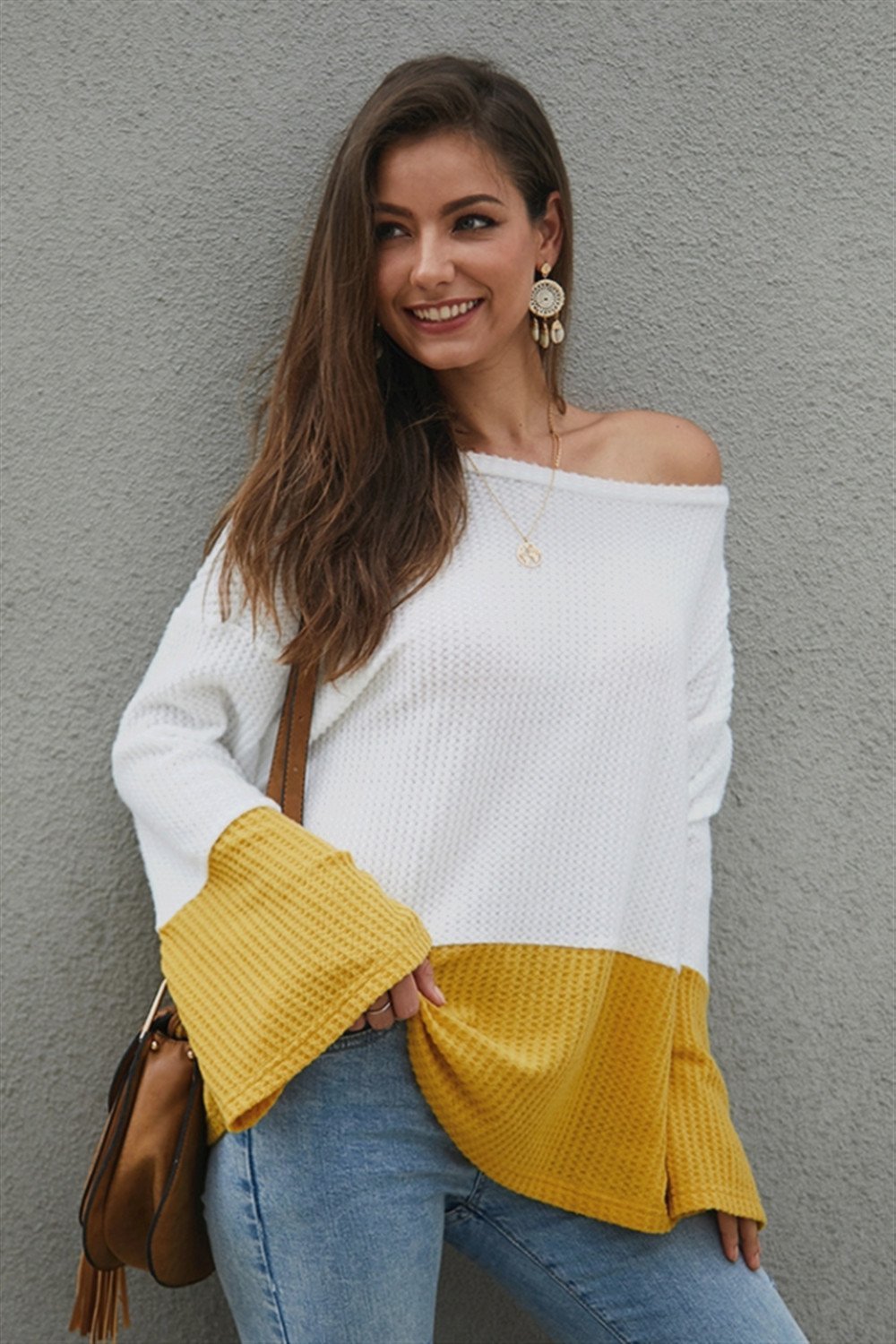 Color Block Flare Sleeve Loose Sweater - Pavacat