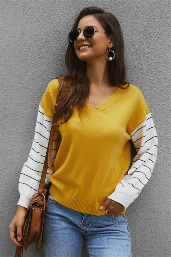 Color Block Lantern Sleeve Sweater - Pavacat