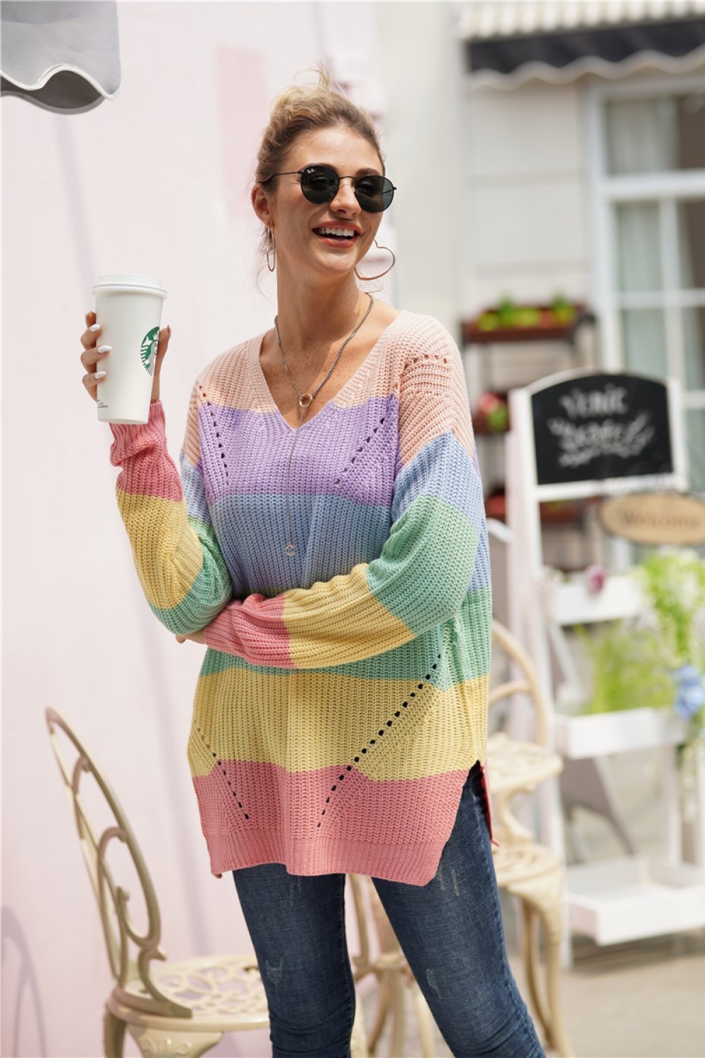 Color Block V Neck Plus Size Sweater - Pavacat