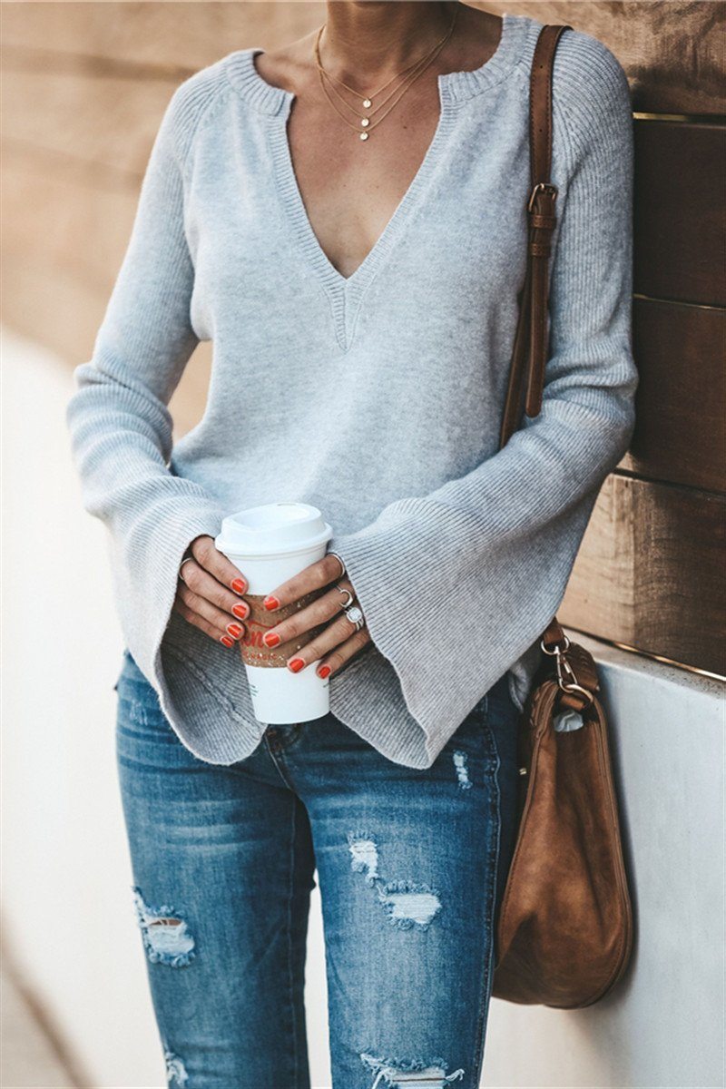 Commuter V-neck Loose Knitted Shirt Pullover xiaolai S Gray 