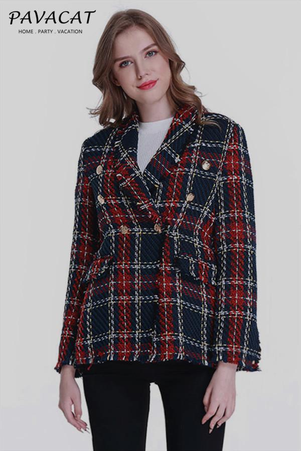 Double Breasted Frayed Checked Tweed Blazer - Pavacat