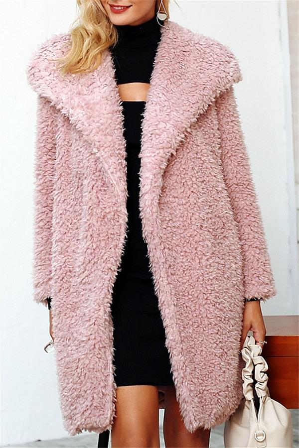 Elegant Pink Long Faux Fur Coat Coat Simplee S Pink 