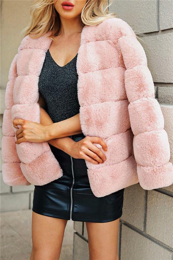 Elegant Thick Fluffy Faux Fur Coat - Pink Coat Simplee S Pink 