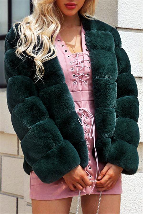 Elegant Thick Fluffy Faux Fur Coat - Dark Green Coat Simplee S Darkgreen 
