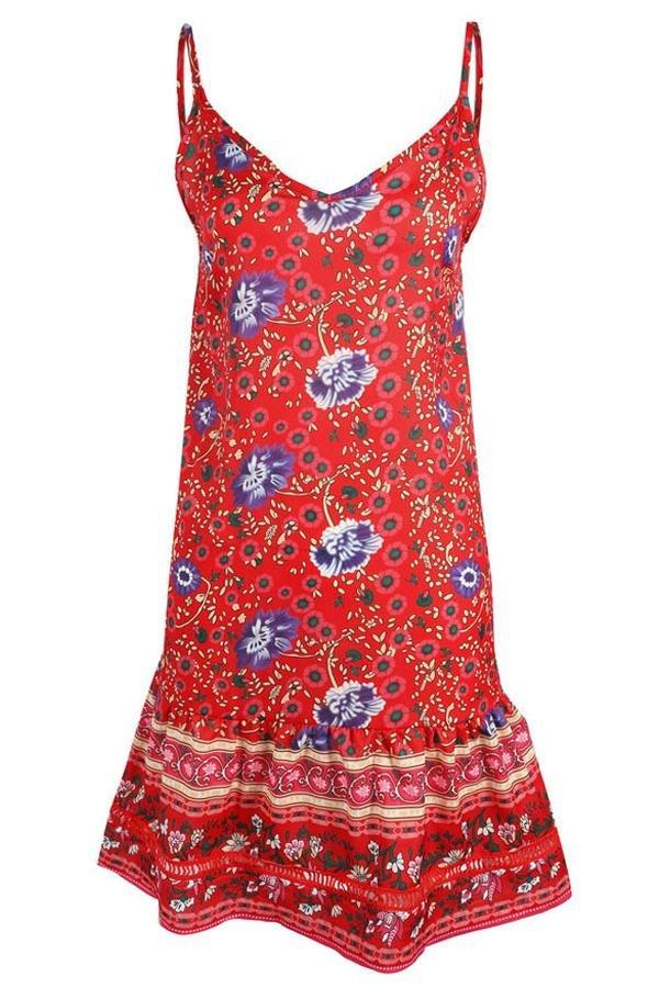 Ethnic Floral Sleeveless Ruffle Dress Dress 5201904110331 L red 