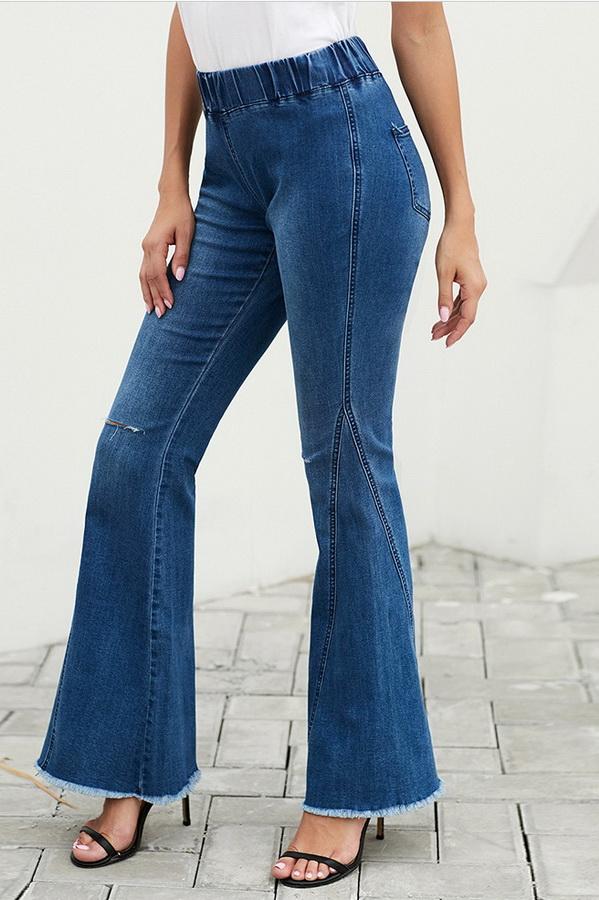 Flared Trousers with High Waist and Knee Holes Pants 5201906151552 blue L 