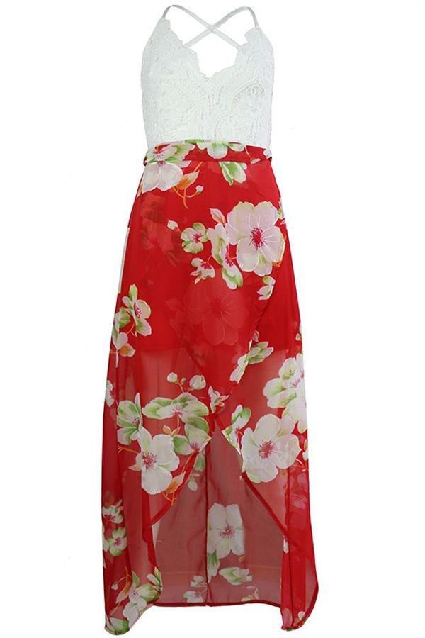 Floral Backless Criss-cross Irregular Dress Dress 5201904110331 L red 