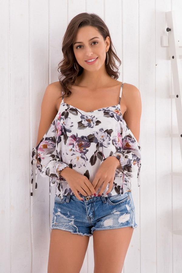 Floral Cold Shoulder Chiffon Blouse - Pavacat