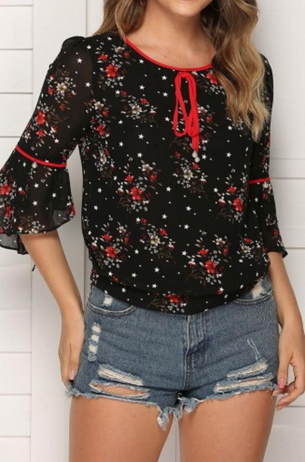 Floral Flared Sleeves Loose Chiffon Blouse - Pavacat
