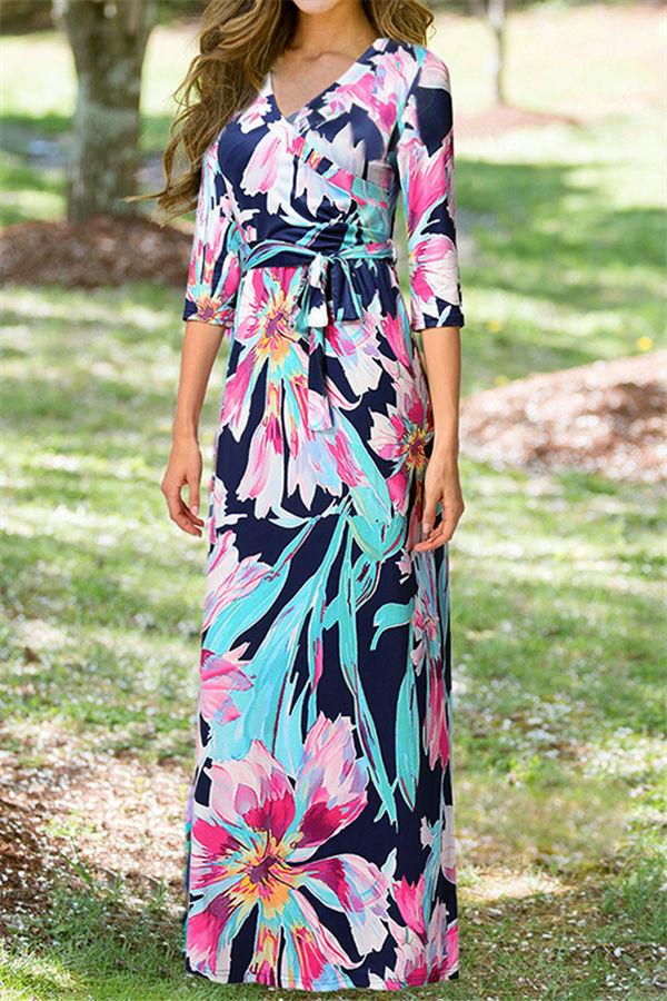 Floral Half Sleeve Maxi Dress Dress 5201901221602 L blue 