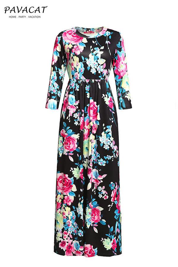 Floral Long Sleeve Maxi Dress Dress 5201901221602 L black 