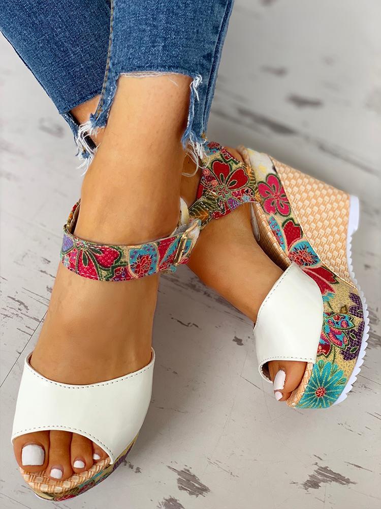 Floral Peep-toe Platform Wedge Sandals Sandals Pavacat US5.5(LABEL SIZE 35) White 
