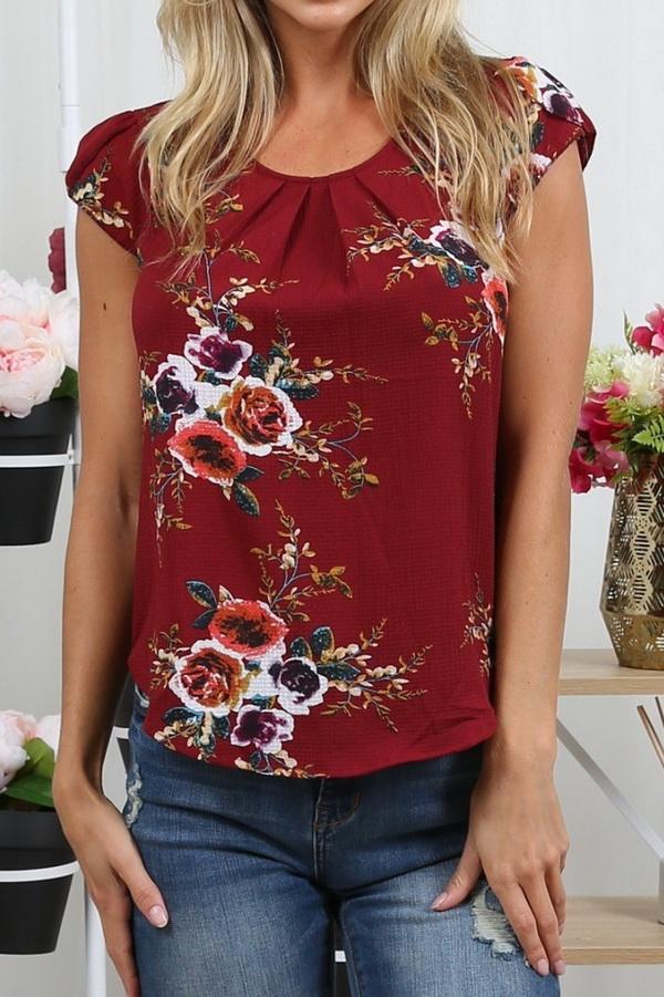 Floral Round Neck Short-sleeves Blouse - Pavacat