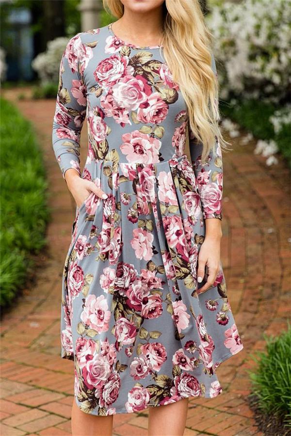 Floral Round Neck Slim Dress Dress 5201812281308 L gray 