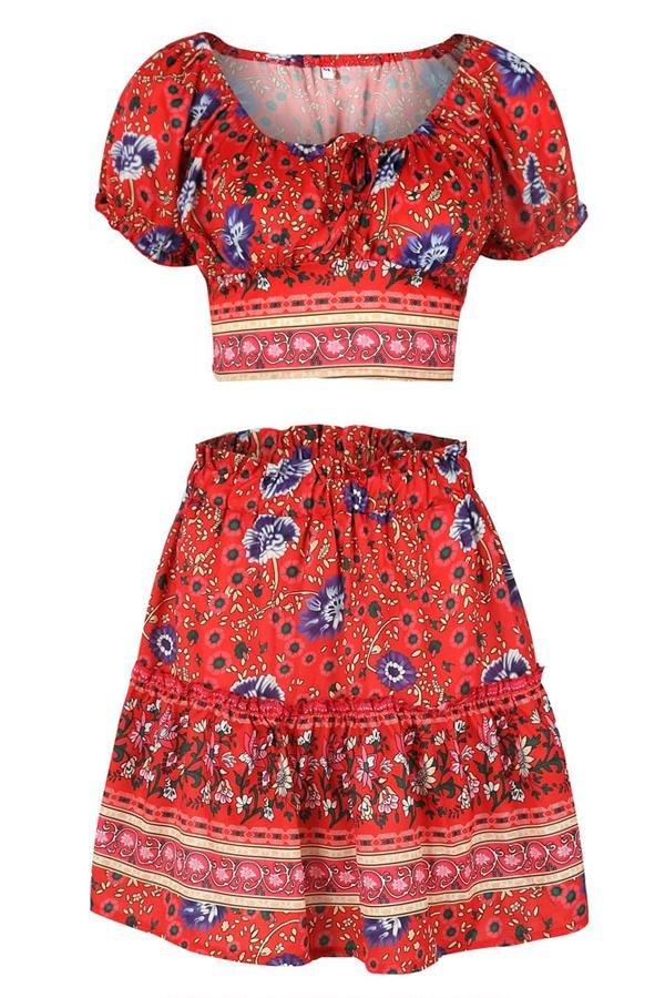 Floral Square Neck Top And Skirt Set Dress 5201904110331 L red 