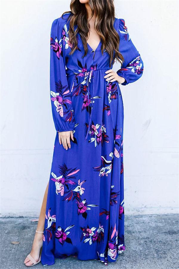 Floral V Neck Slit Maxi Dress Dress 5201901221602 L blue 