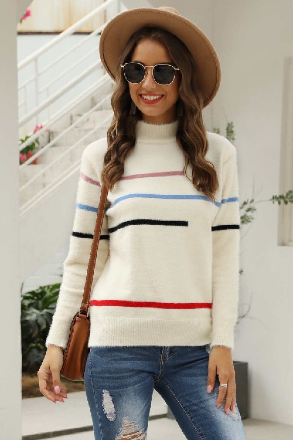 Fluffy Stripe High Neck Loose Sweater - Pavacat