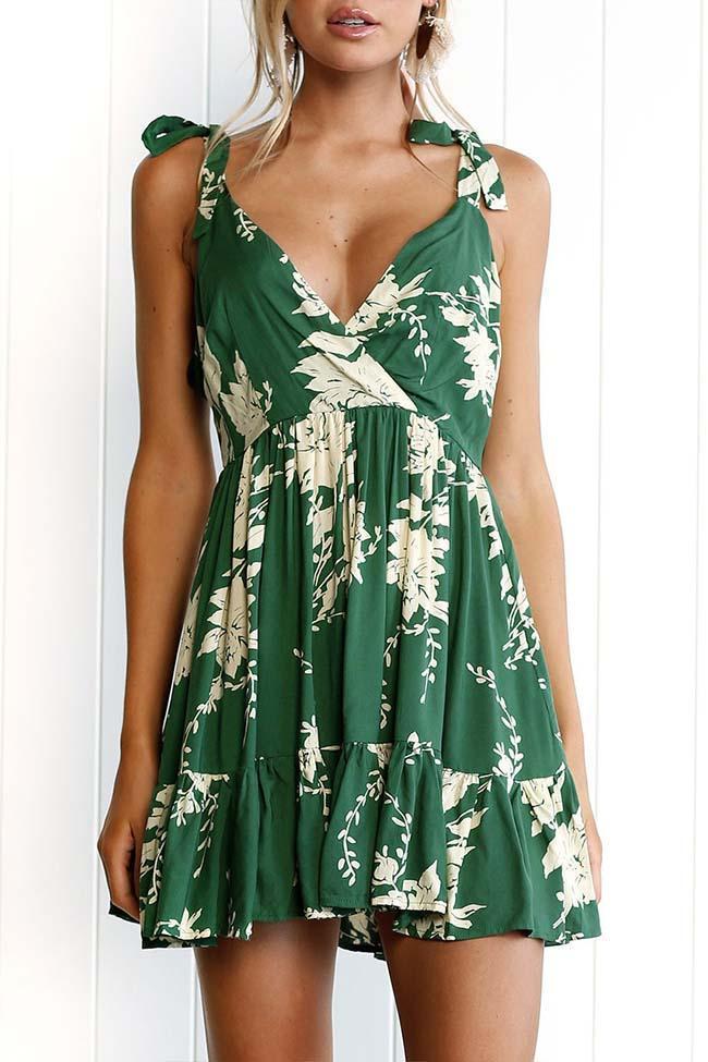 Green Floral Printed Mini Dress Dress chicnico S 