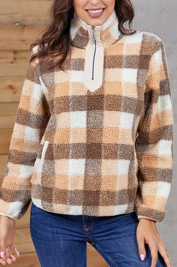 High-collar Checked Plush Plaid Sweater Pullover 5201906151552 L khaki 