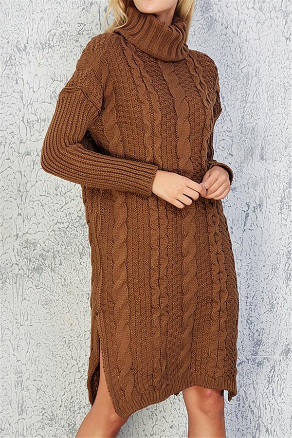 High Neck Cable Knit Slit Sweater Dress Pullover 5201808272354 One size brown 