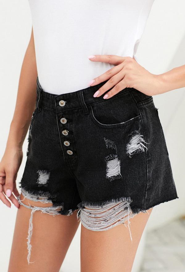 High-waist Slim Single-breasted Worn-out Jeans Shorts Pants 5201906151552 black L 