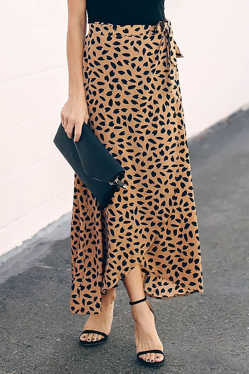 High Waist Tie Split Leopard Skirt - Pavacat