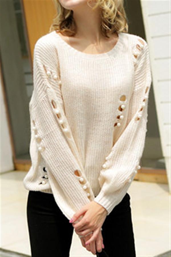 Hollow Out Pearls Pullover Pullover Simplee One White 