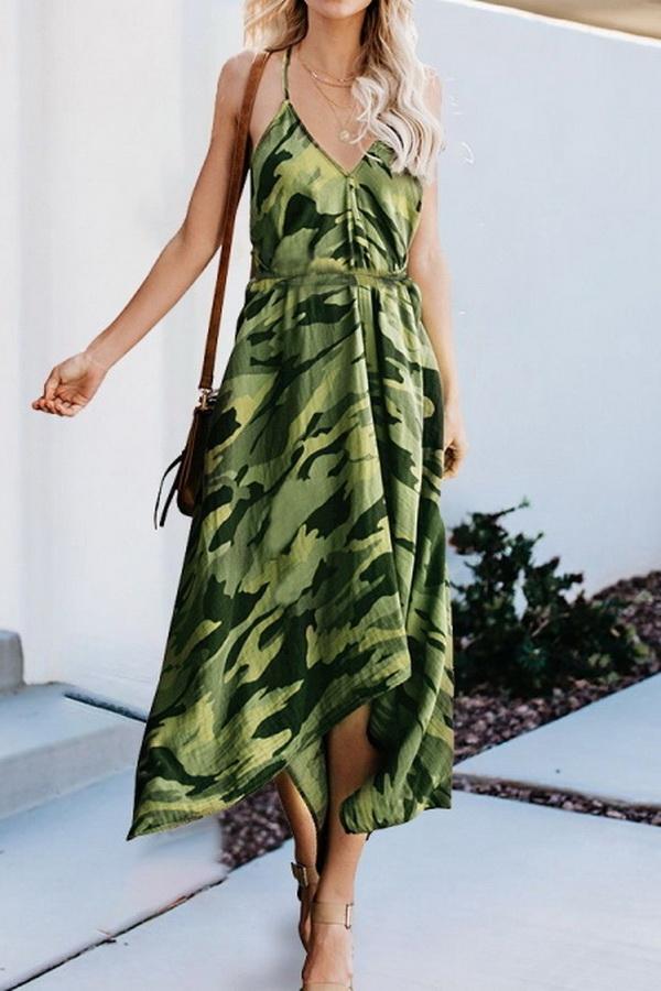 Irregular Printed Camouflage Strap Dress - Pavacat
