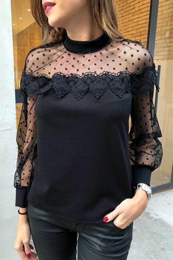 Lace Hollow Out Long Sleeve Top Blouses & Shirts 5201901201215 