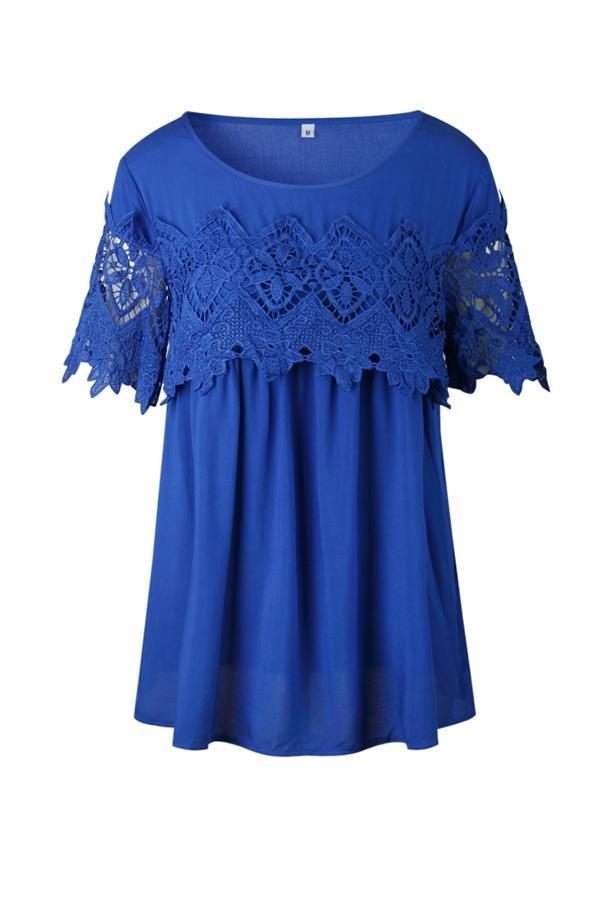 Lace Slim T-shirt With Round Collar Blouses & Shirts 5201906191605 blue L 