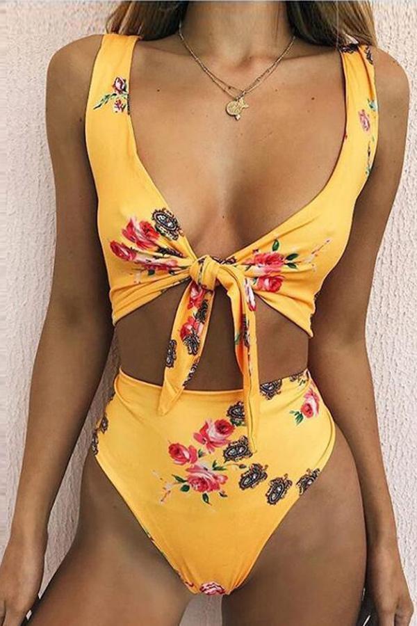 Lace-up Floral Bikini Set Bikini Pavacat S Yellow 