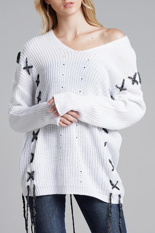 Lace-up Leisure Open Knit Sweater Pullover Pavacat S 