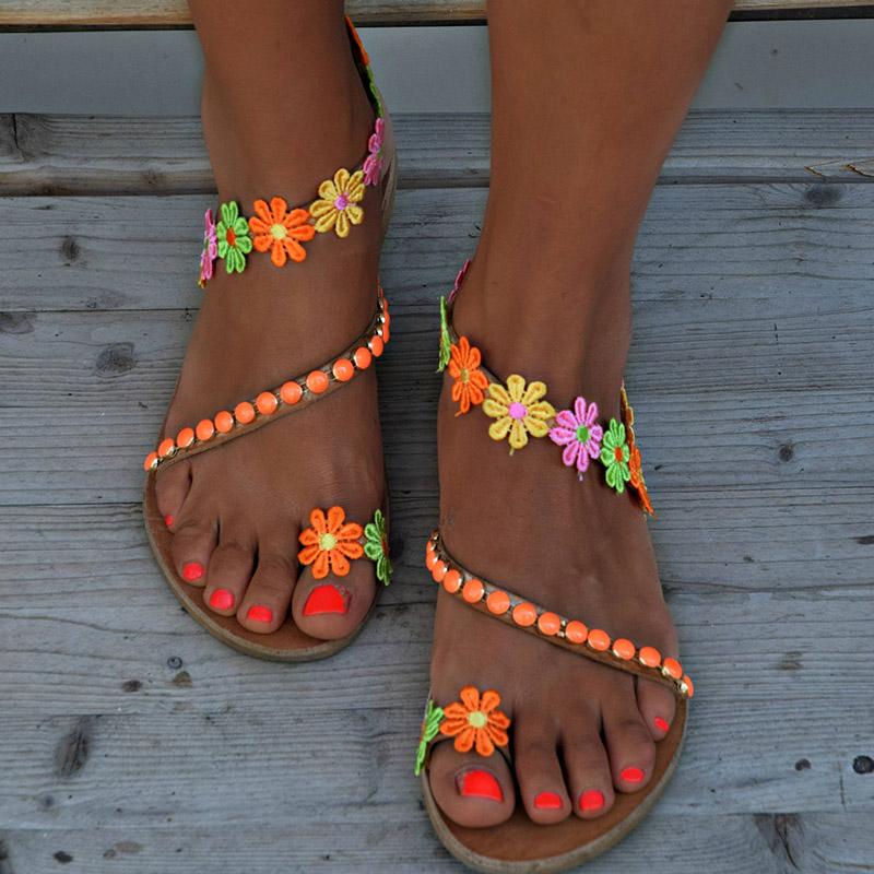 Ladies Handmade Sweet Flower Ankle Strap Flip-flop Flat Sandals Pavacat US5.5(LABEL SIZE 35) As Picture 
