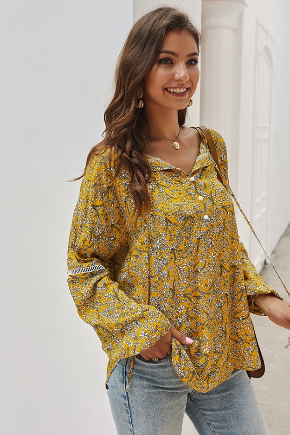 Lantern Sleeve V Neck Slim Shirt - Pavacat