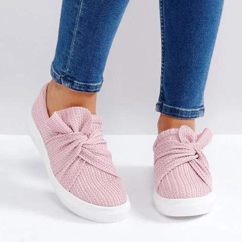 Large Size Knitted Twist Pink Slip On Sneakers - Pavacat