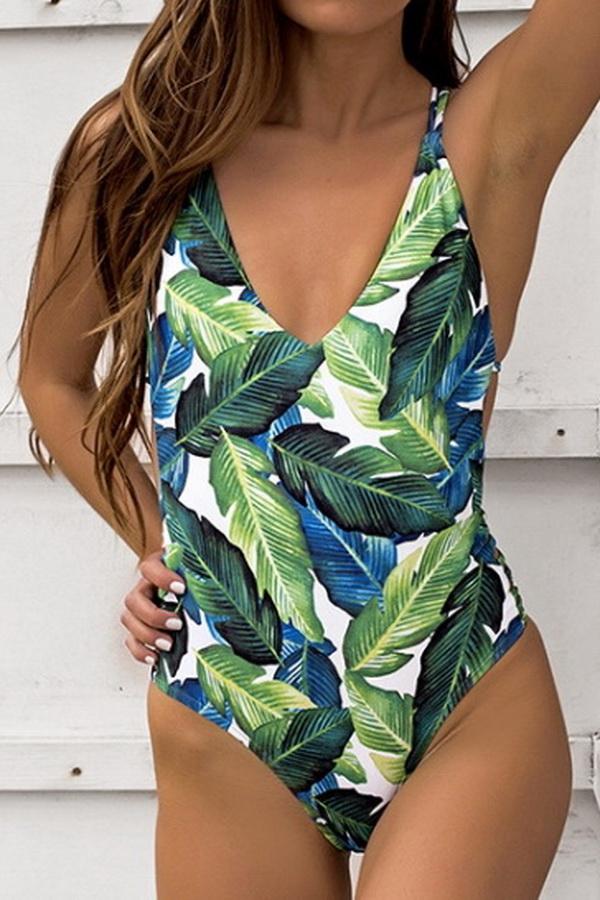 Leaf Printed Halter One-piece Swimsuit - Pavacat