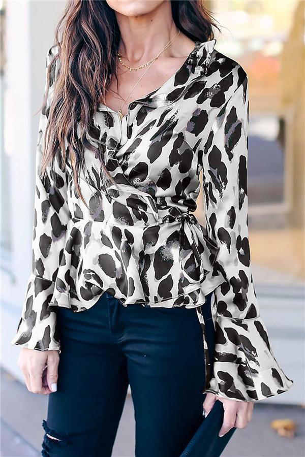 Leopard Flare Sleeve Top Blouses & Shirts 5201812281308 L black 