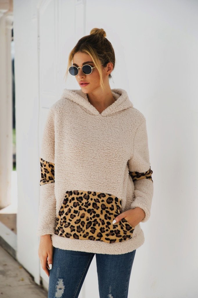 Leopard Front Pocket Fluffy Hoodie - Pavacat