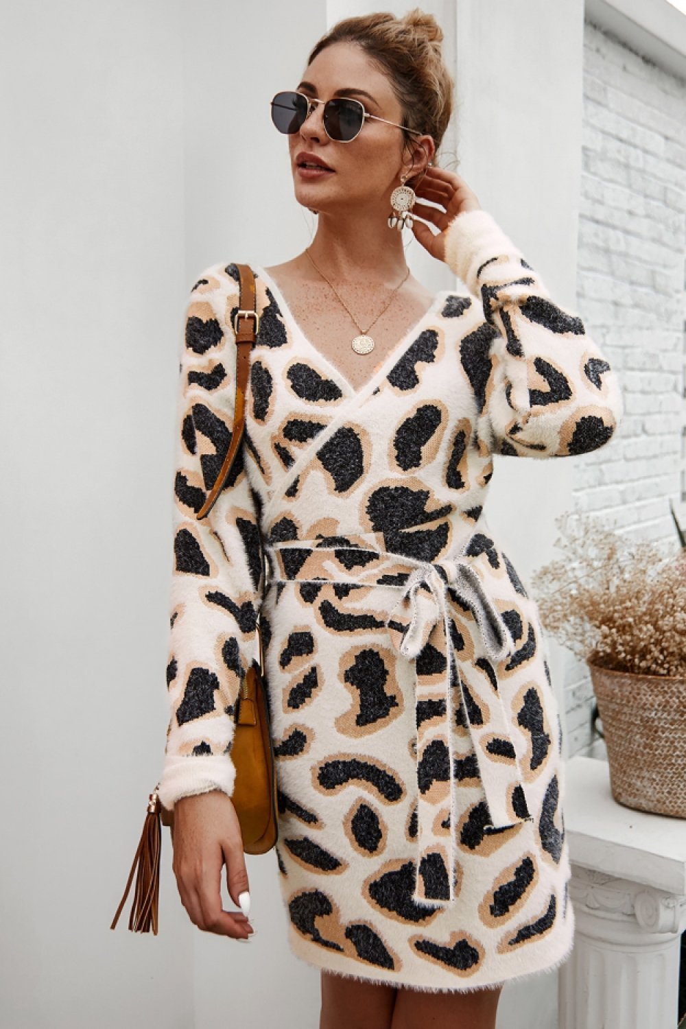 Leopard Long-sleeved Belt Short Dress - Pavacat