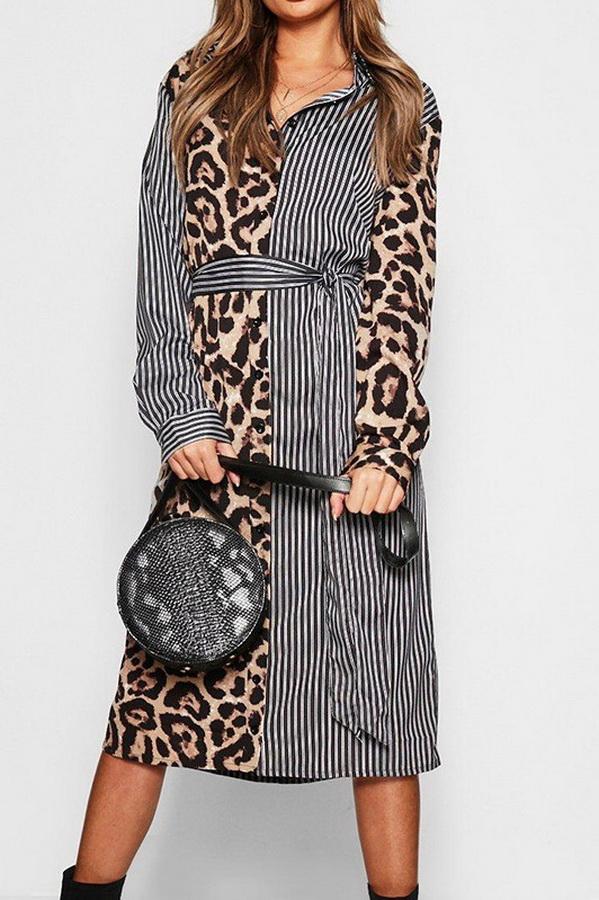 Leopard Print High Waist Long Sleeve Dress With Stripe Stitching Dress 5201906151552 L black 