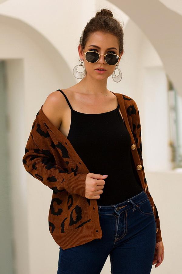 Leopard Print Long Sleeve Sweater - Pavacat