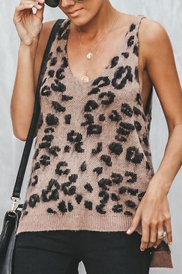 Leopard Print Loose Knitted Vest Tanks and Camis xiaolai S Coffee 