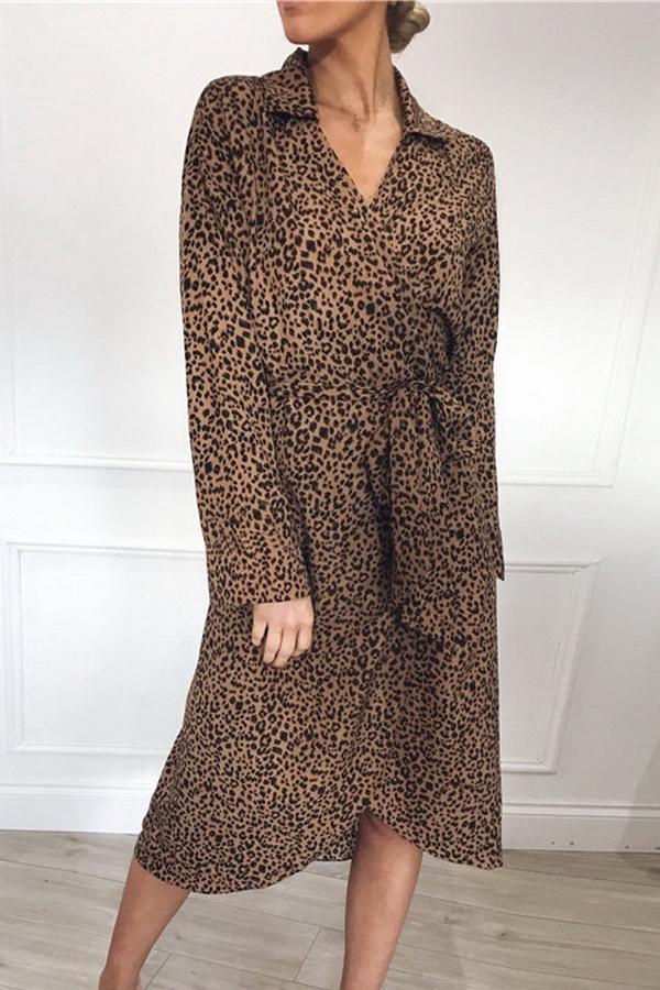 Leopard Print V-collar Long Sleeve Chiffon Shirt Dress Dress 5201906151552 L brown 