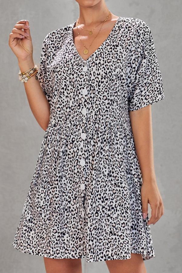 Leopard Print V-neck Loose Dress - Pavacat