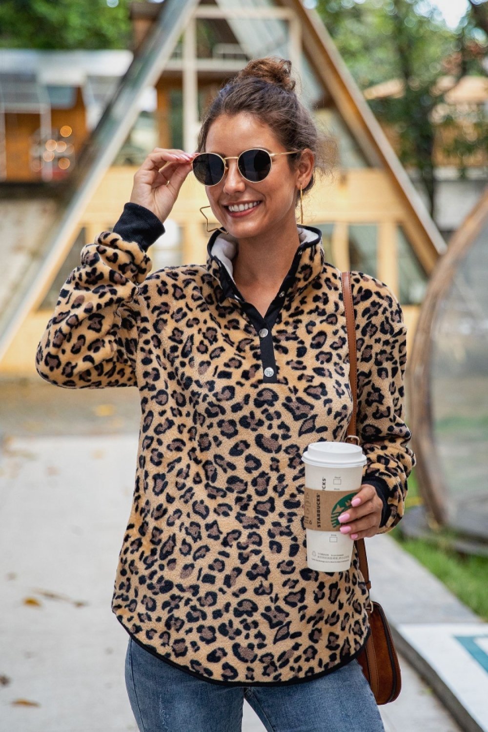 Leopard Stand Collar Buttons Sweatshirt - Pavacat