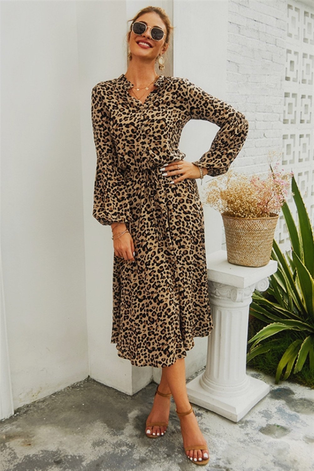 Leopard V Neck Long Sleeved Mid Dress - Pavacat