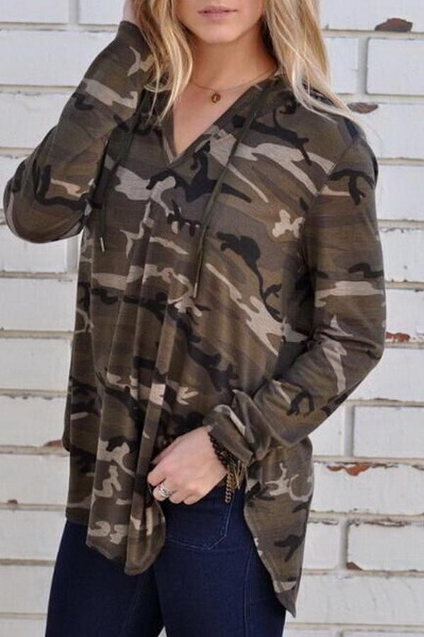 Long-sleeved Camouflage Printed Hooded Loose Top - Pavacat