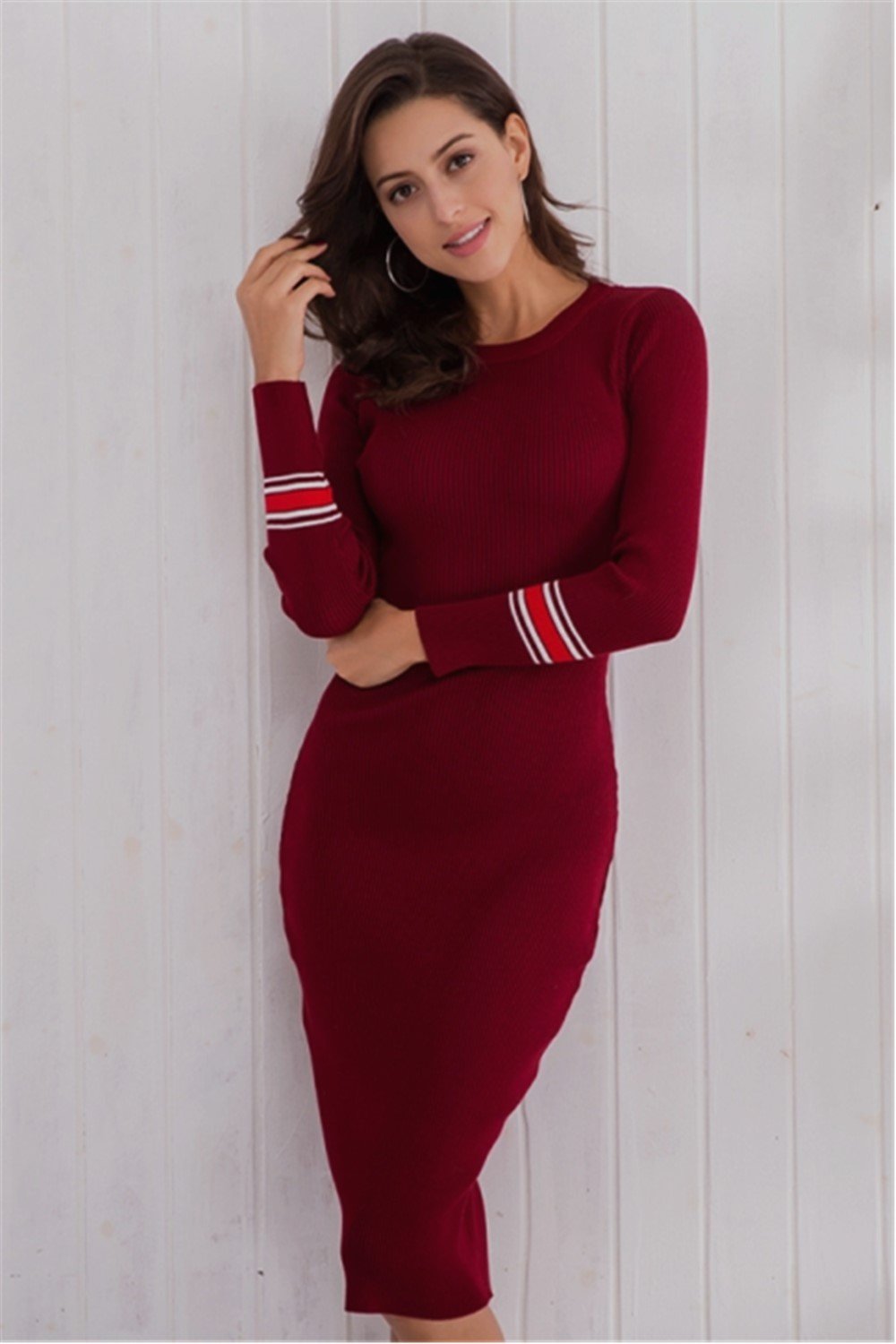 Long-sleeved Knit Bodycon Dress - Pavacat