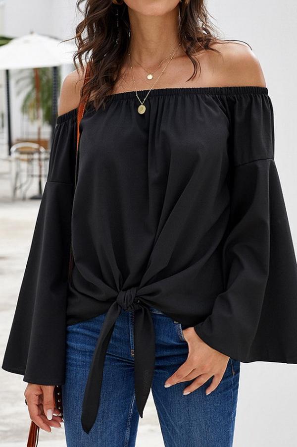 Loose Off-the-shoulder Trumpet Sleeve Shirt - Pavacat